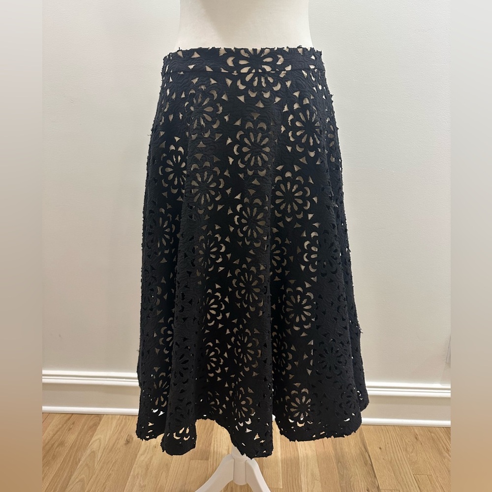 Alice + Olivia midi skirt with black floral pattern outer over cream slip size 8